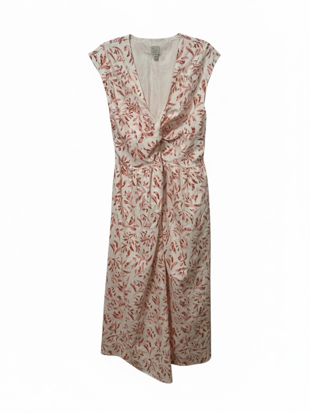 a new day Cream Midi Dress with Pink Leaf Print and Twist Front